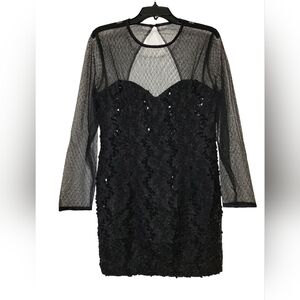 Vintage 80s HW Collections Black Sequin & Mesh Mini Dress Size Jr 11-12